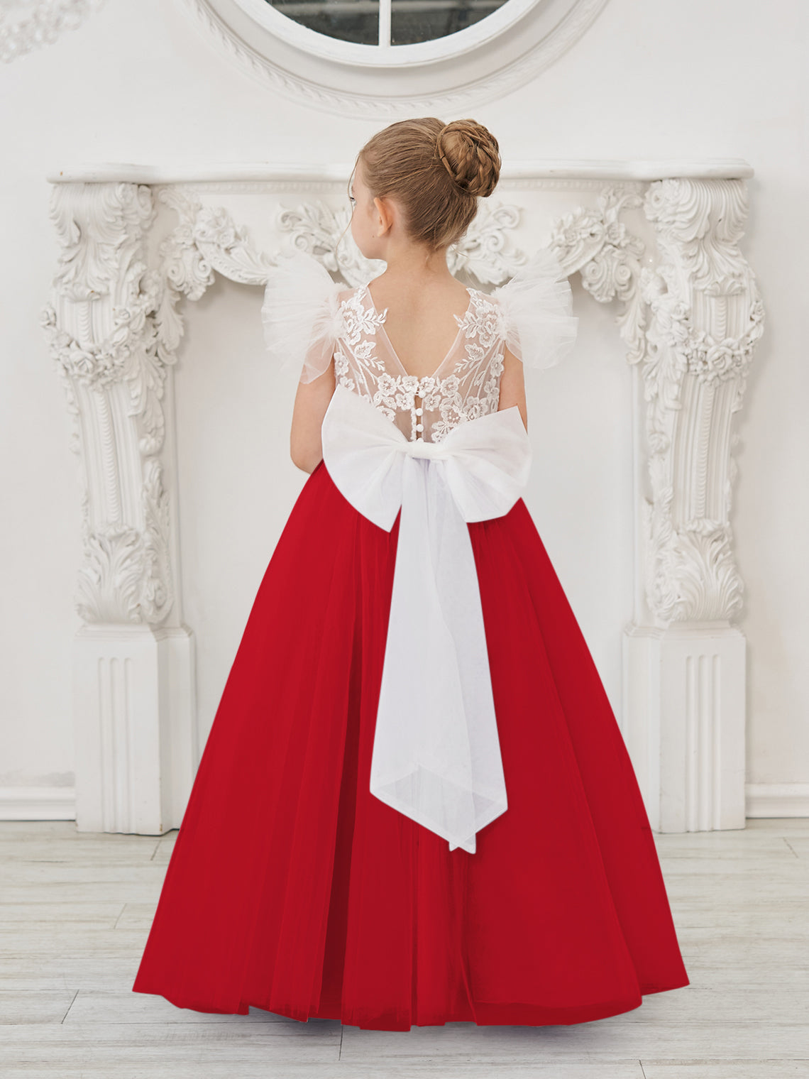 Detachable Lace Tulle Sweep Train Flower Girl Dress