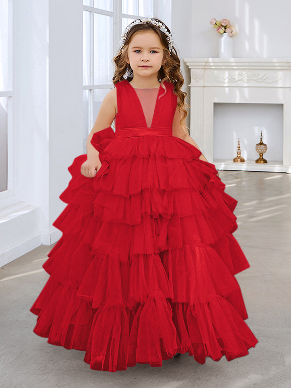 Vestido de fiesta/princesa rosa perla sin mangas con lazo de tul para niña de las flores