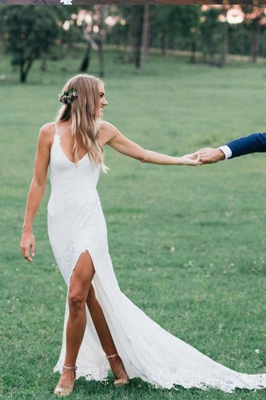Vestidos de novia elegantes, románticos, estilo bohemio, con escote en U profundo, espalda descubierta, encaje, sirena