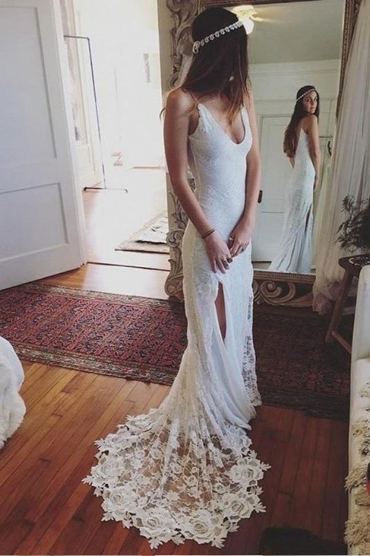 Vestidos de novia elegantes, románticos, estilo bohemio, con escote en U profundo, espalda descubierta, encaje, sirena
