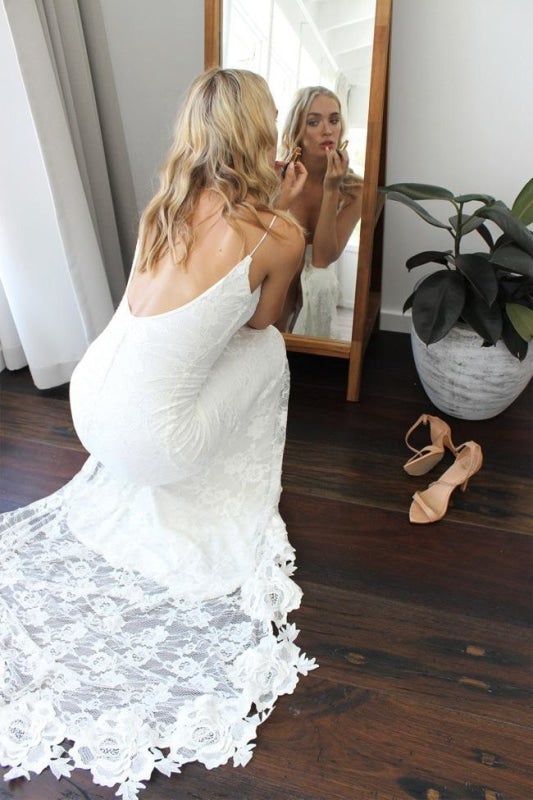 Vestidos de novia elegantes, románticos, estilo bohemio, con escote en U profundo, espalda descubierta, encaje, sirena