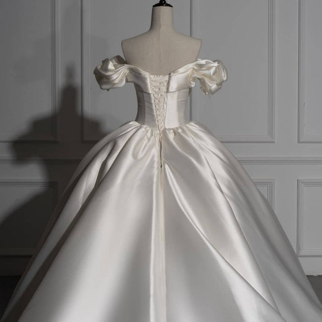 Romantic Off-the-shoulder Ball Gown Satin Wedding Dresses
