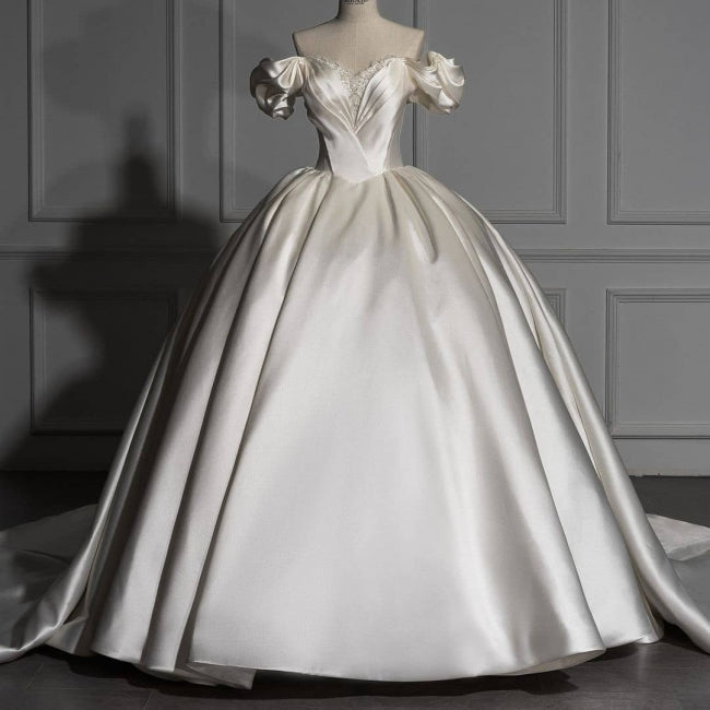 Romantic Off-the-shoulder Ball Gown Satin Wedding Dresses