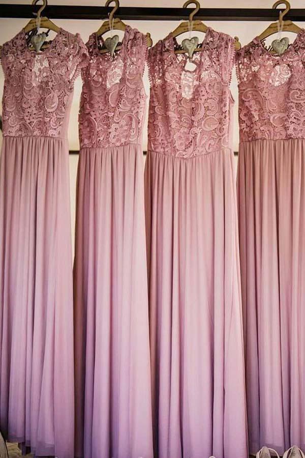Round Neck Cap Sleeves Chiffon Bridesmaid Dress with Lace BD050