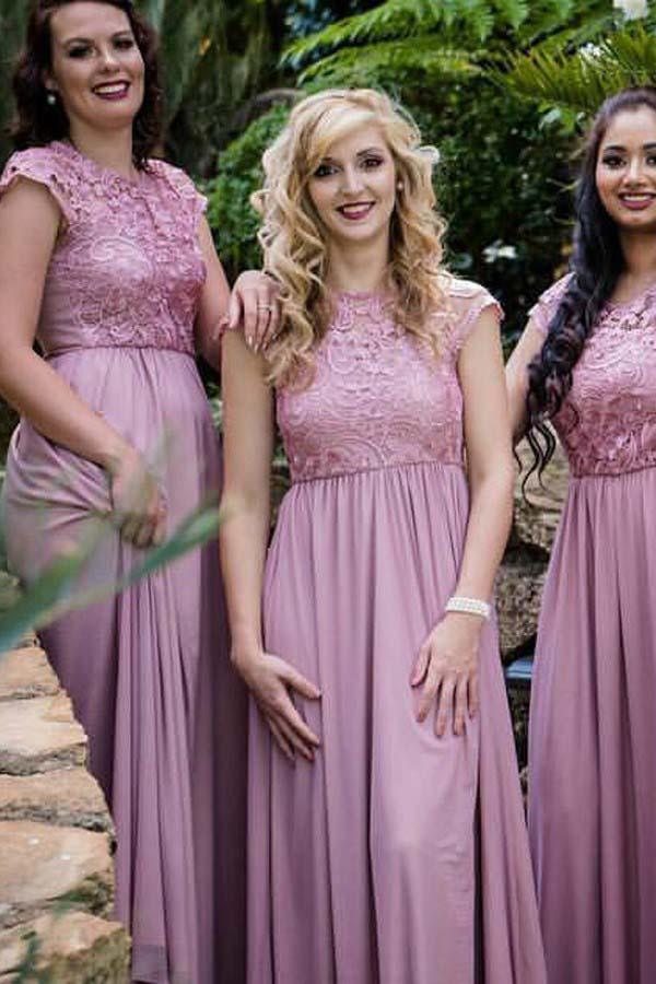 Round Neck Cap Sleeves Chiffon Bridesmaid Dress with Lace BD050