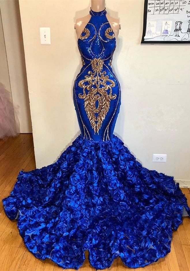 Hermosos vestidos de fiesta de sirena con cuello halter azul real y largos vestidos de noche