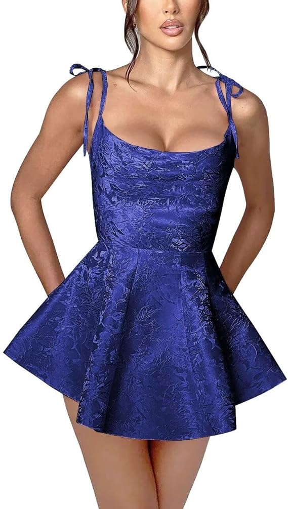 Vestido de fiesta corto de satén sin mangas con tirantes finos y corte en A para el regreso a casa. Vestidos de fiesta de jacquard.