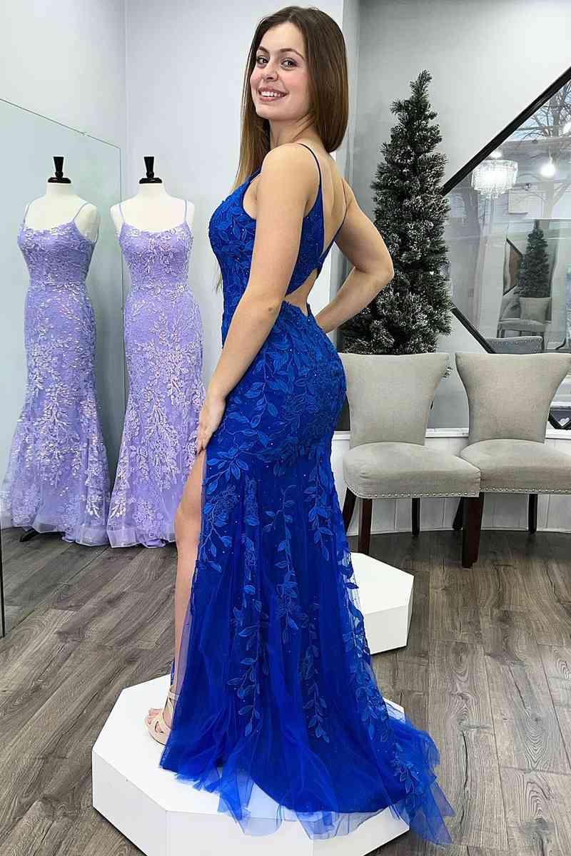 Vestido de fiesta largo de tul con escote en V profundo y apliques de sirena azul real