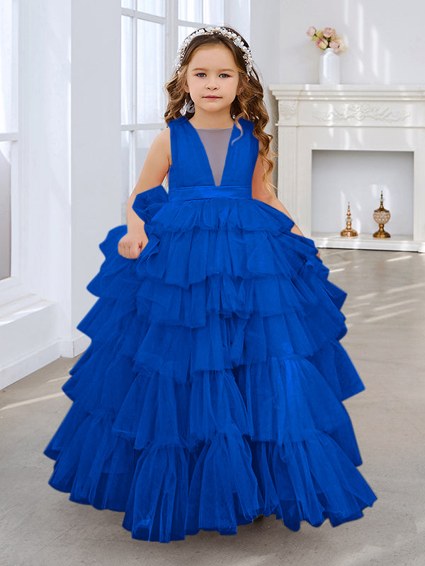 Vestido de fiesta/princesa rosa perla sin mangas con lazo de tul para niña de las flores