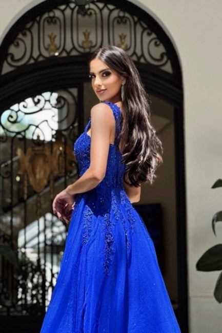 Vestidos de fiesta largos azul real sin mangas, vestidos de noche de encaje de corte A
