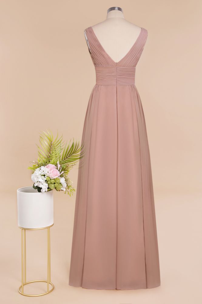 Ruffles V-Neck A-line Dusty Pink Bridesmaid Dresses | Sleeveless Floor-Length Evening Dresses