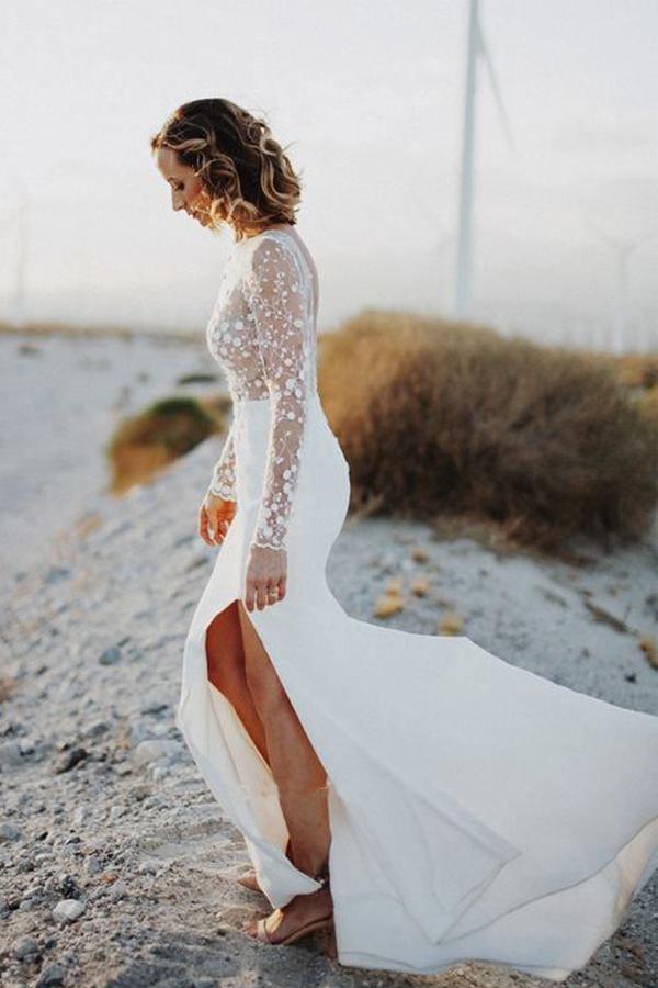 Scoop Neck Open Back Lace Long Sleeves Wedding Dresses with Split WD473