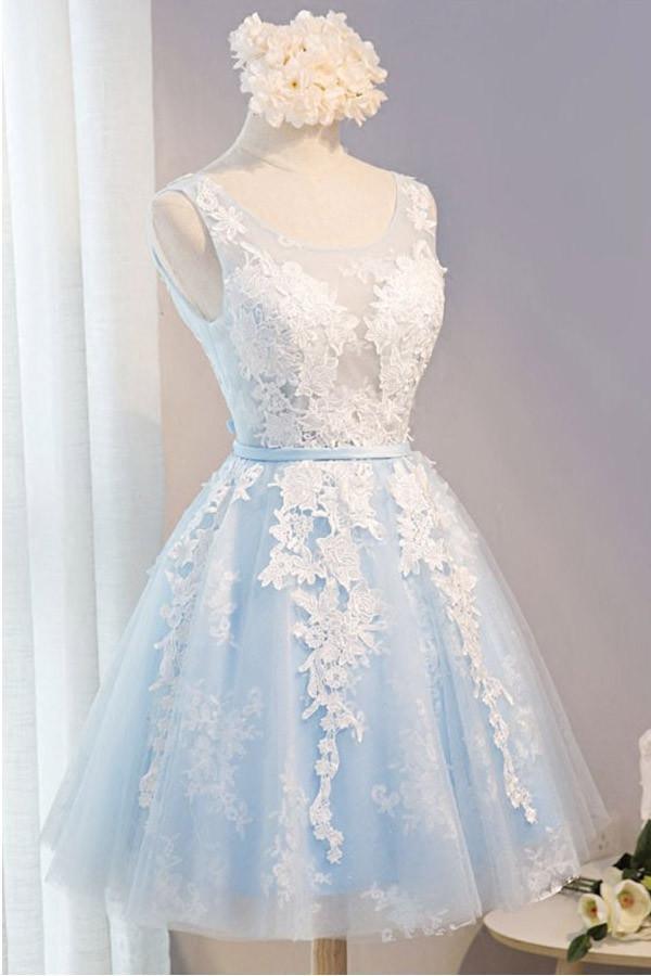 Scoop Neck Short Tulle Homecoming Dress Party Dress With Appliques Lace PG137