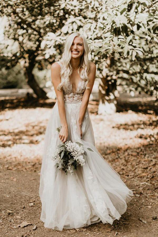 See Through Lace Ivory Tulle V-neck V-back Beach Wedding Dresses WD419