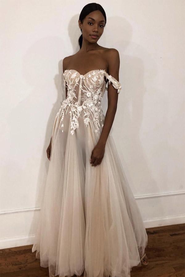 See-Through Off Shoulder Ivory Long Wedding Dress with Appliques WD363