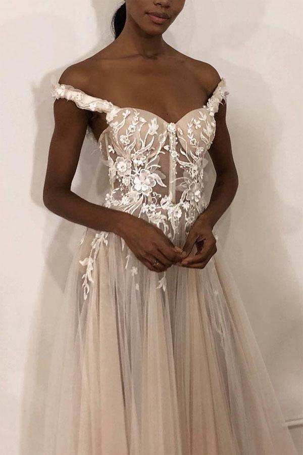 See-Through Off Shoulder Ivory Long Wedding Dress with Appliques WD363
