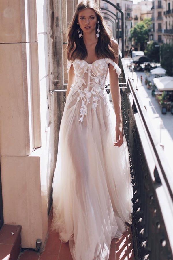 See-Through Off Shoulder Ivory Long Wedding Dress with Appliques WD363
