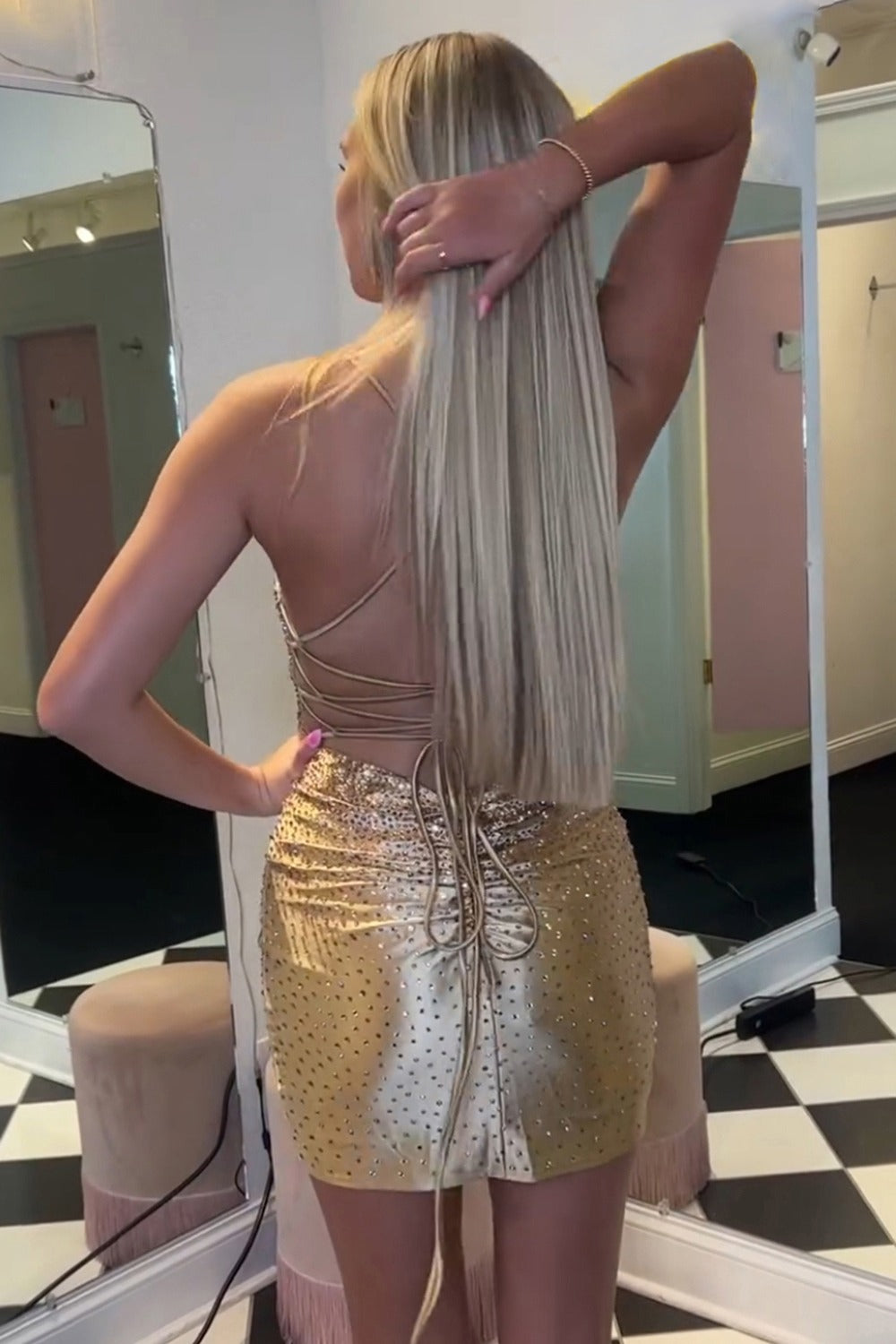 Serenella | Spaghettiträger-Heimkehrkleid mit Perlen und Schnürung