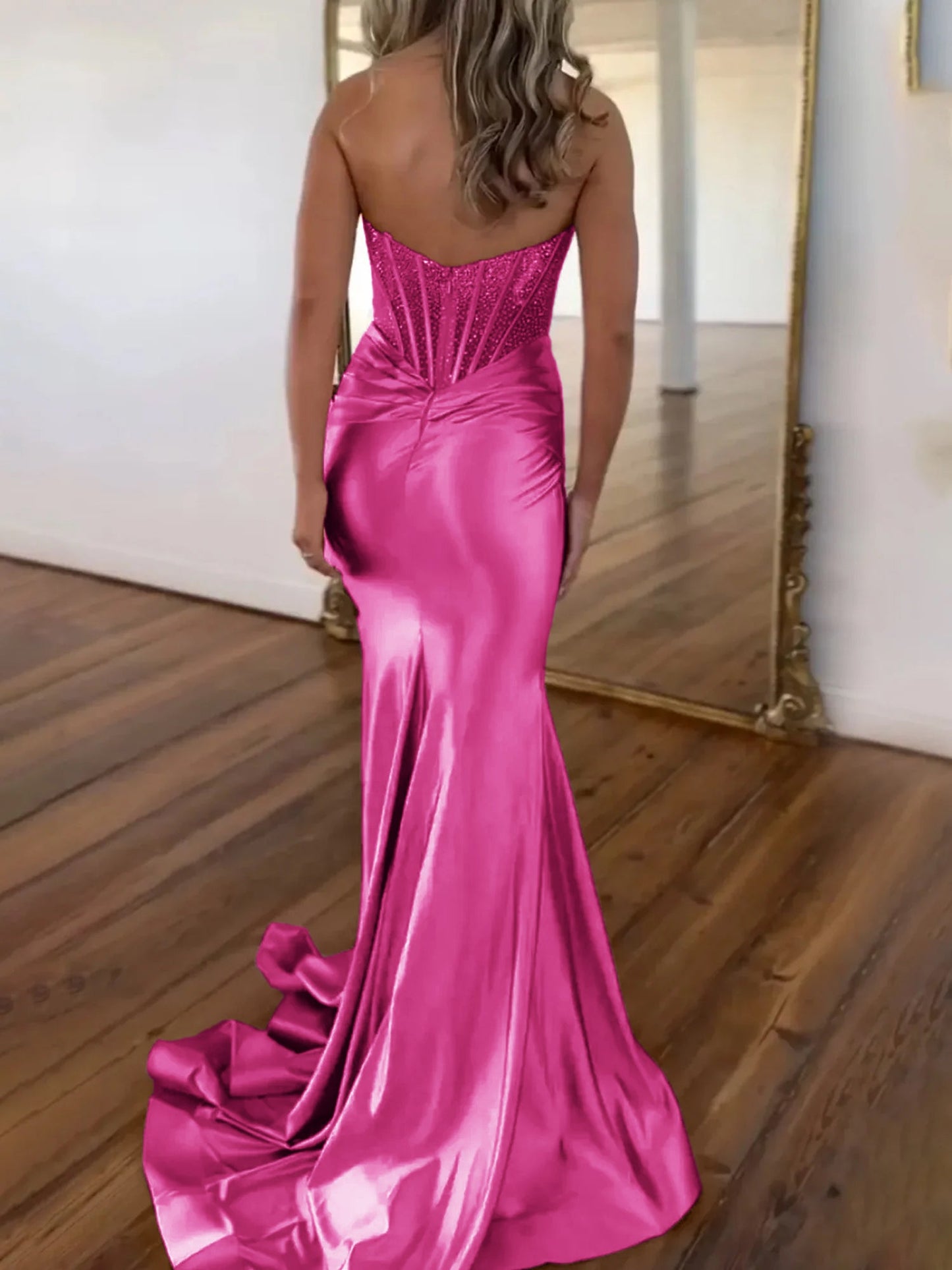 Serin | Lila trägerloses Meerjungfrau-Ballkleid aus Satin mit Perlen