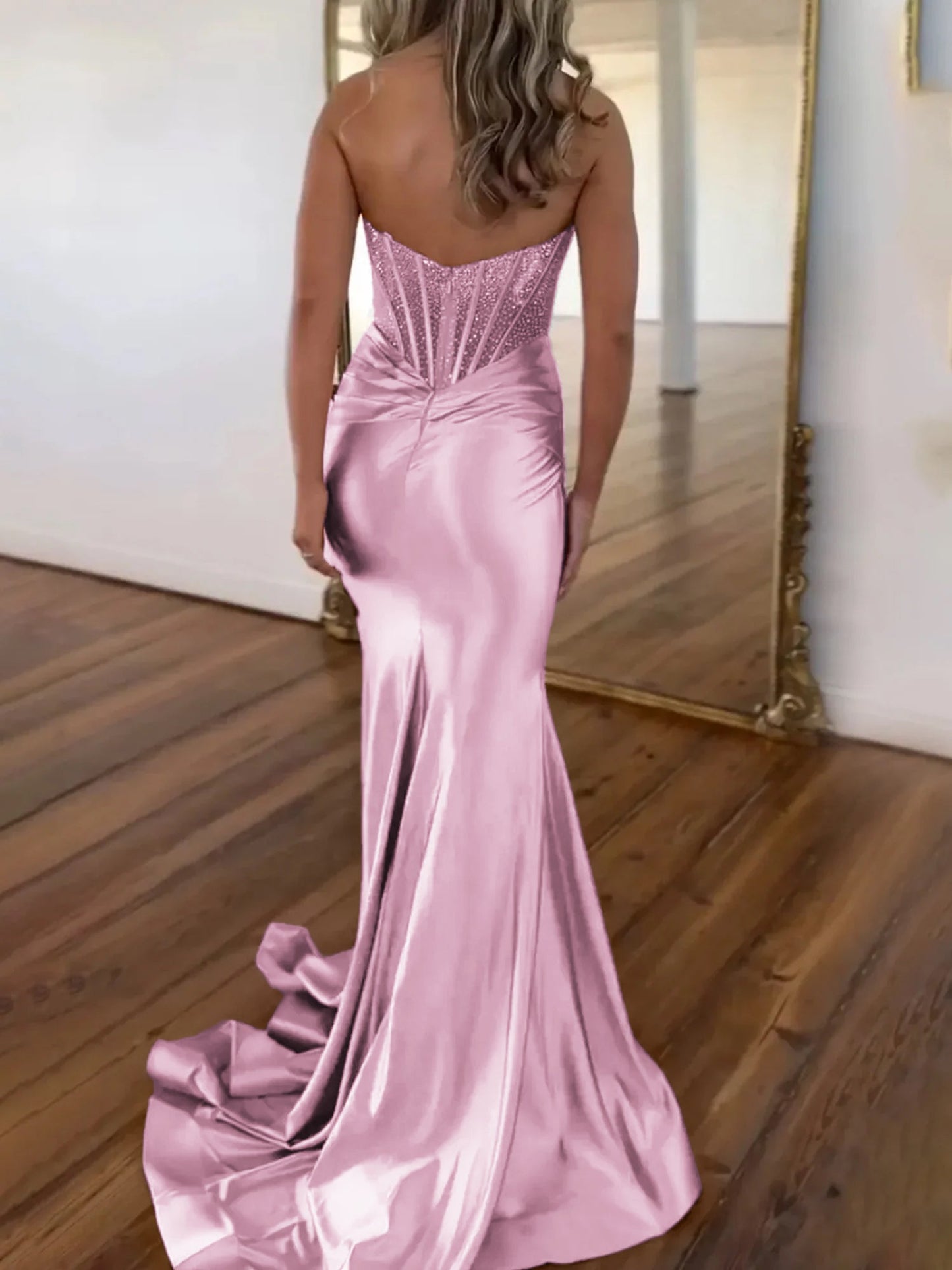 Serin | Lila trägerloses Meerjungfrau-Ballkleid aus Satin mit Perlen