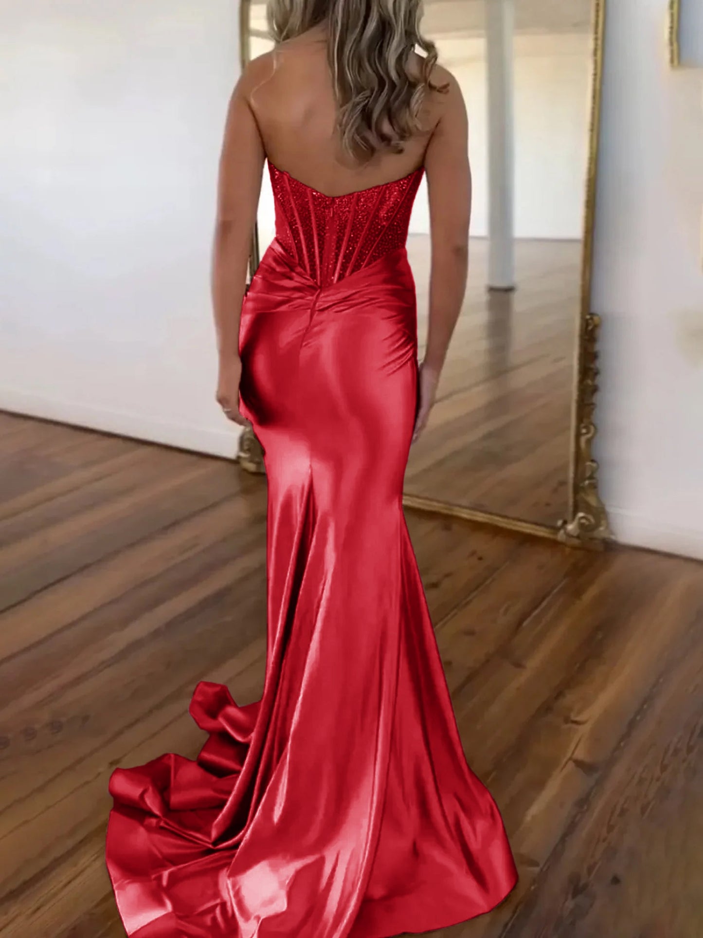 Serin | Lila trägerloses Meerjungfrau-Ballkleid aus Satin mit Perlen