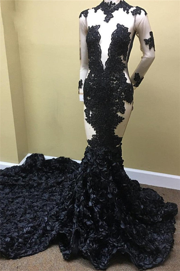 Sexy schwarzes langärmliges Ballkleid aus Spitze mit Blumen unten