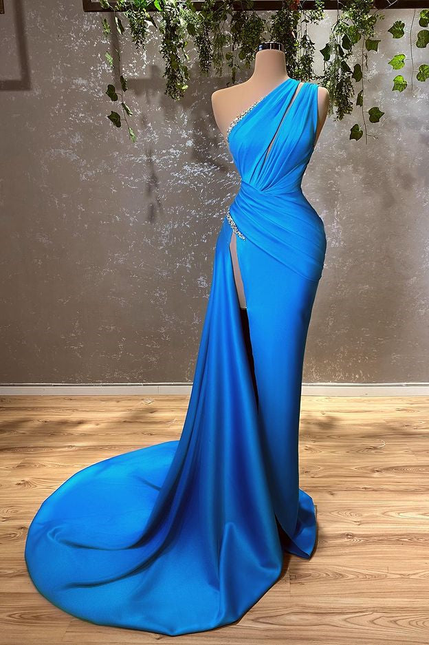 Sexy blaues One-Shoulder-Meerjungfrau-Ballkleid mit Schlitz und Perlen