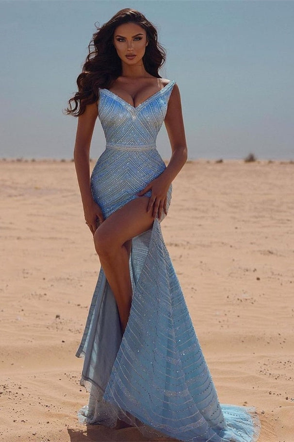 Vestido de fiesta de sirena con lentejuelas y escote en V azul sexy con abertura