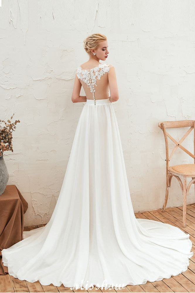 Sexy Brautkleid mit hohem Schlitz und Flügelärmeln, transparenter Rücken, elfenbeinfarbene Spitze