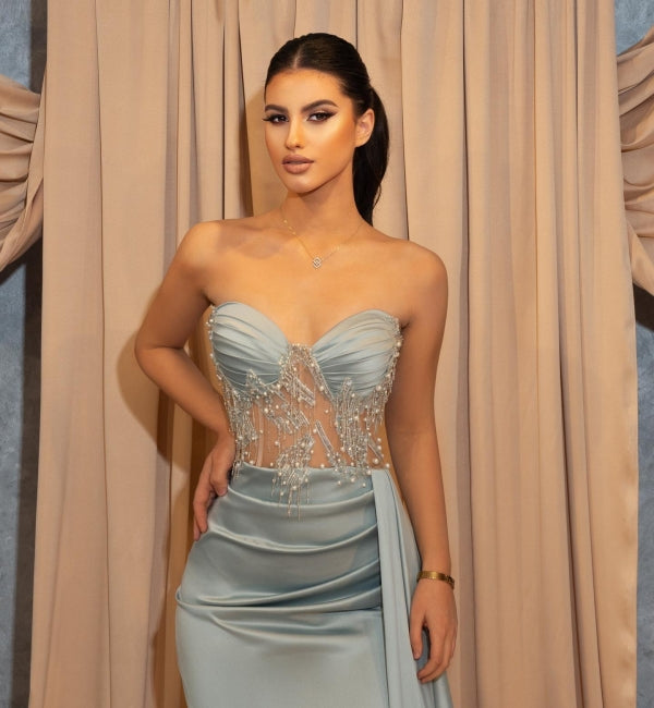 Sexy Long Blue Slit Glitter Mermaid Prom Dresses with Ruffles