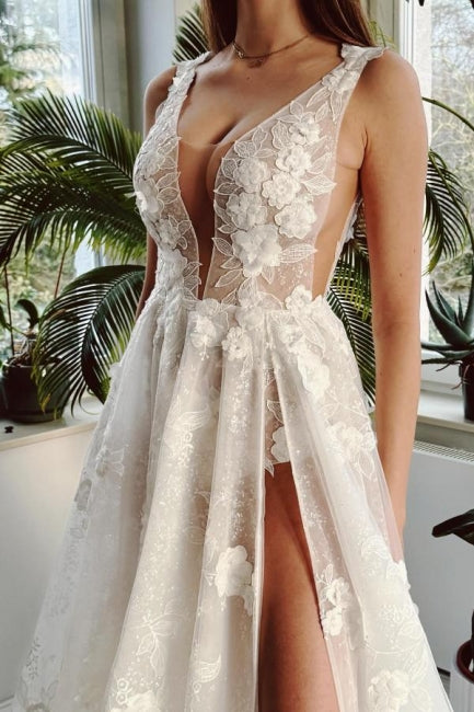 Sexy langes elfenbeinfarbenes A-Linien-Brautkleid mit V-Ausschnitt, Schlitz vorne und Spitze