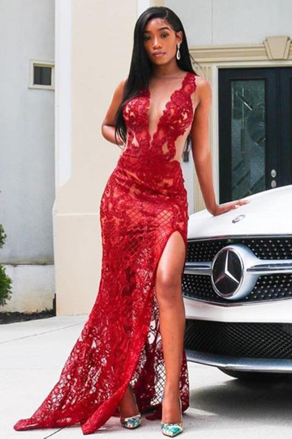 Vestido de fiesta sexy de sirena larga con encaje tipo barco color burdeos y abertura