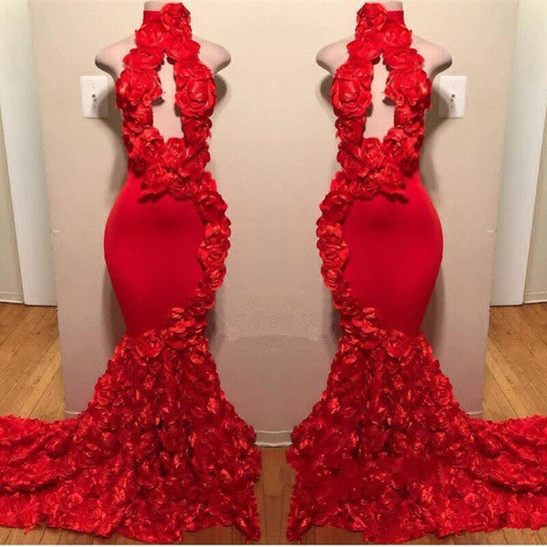 Vestidos de fiesta rojos sexys de cuello alto con flores y sirena larga