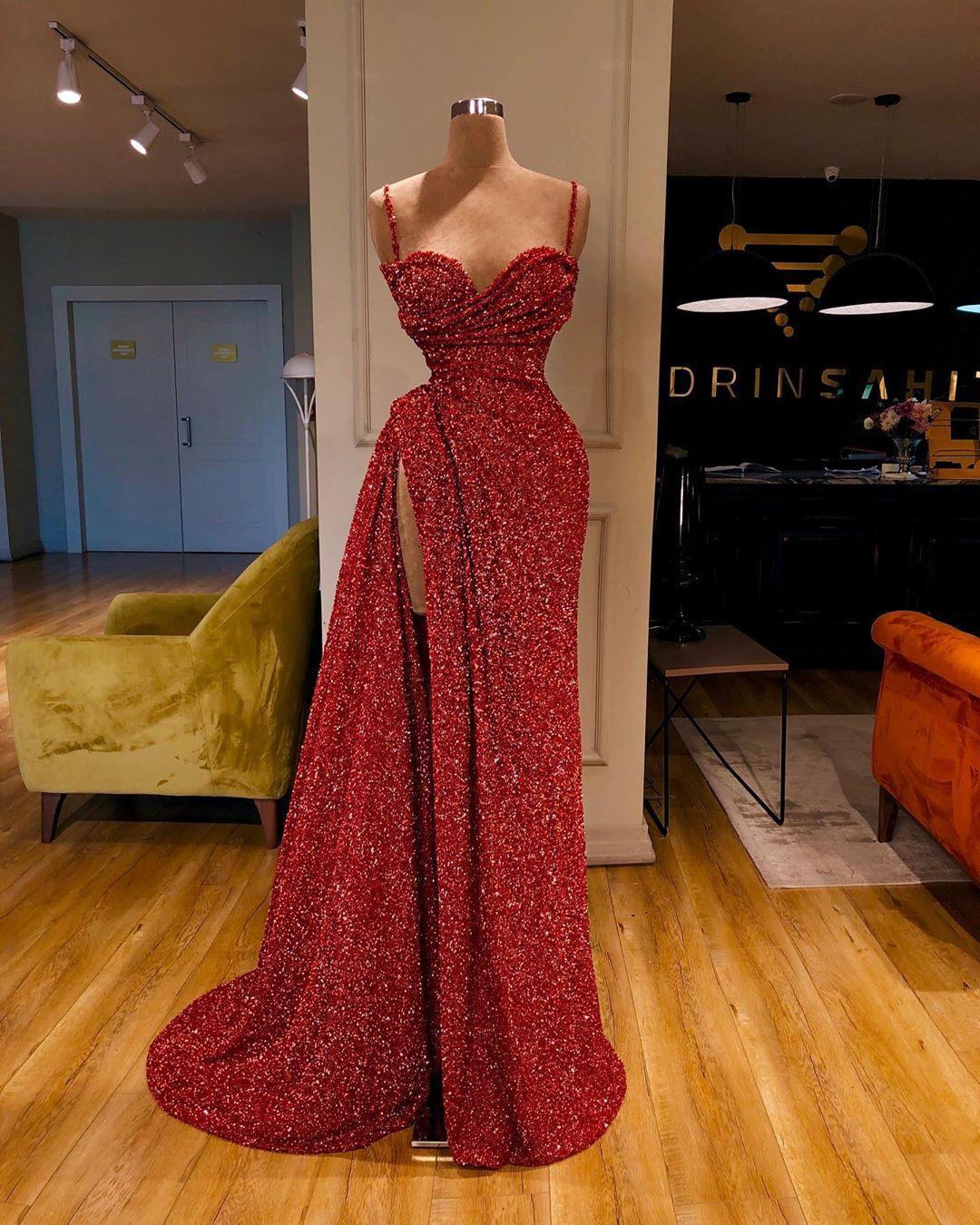 Sexy Langes Meerjungfrau Spaghettiträger Pailletten Ballkleid Mit Schlitz