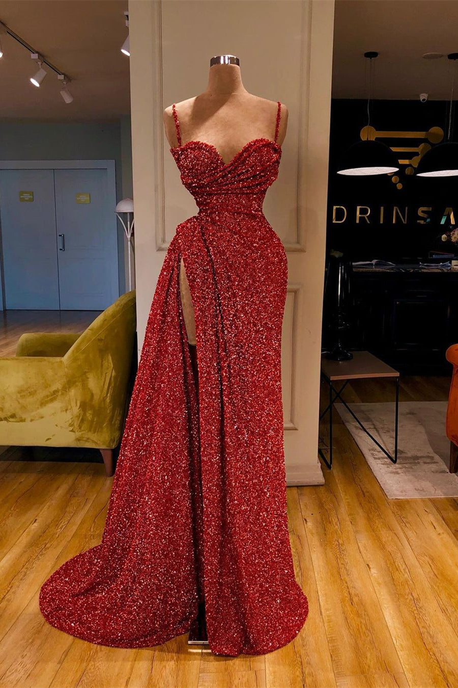 Sexy Langes Meerjungfrau Spaghettiträger Pailletten Ballkleid Mit Schlitz