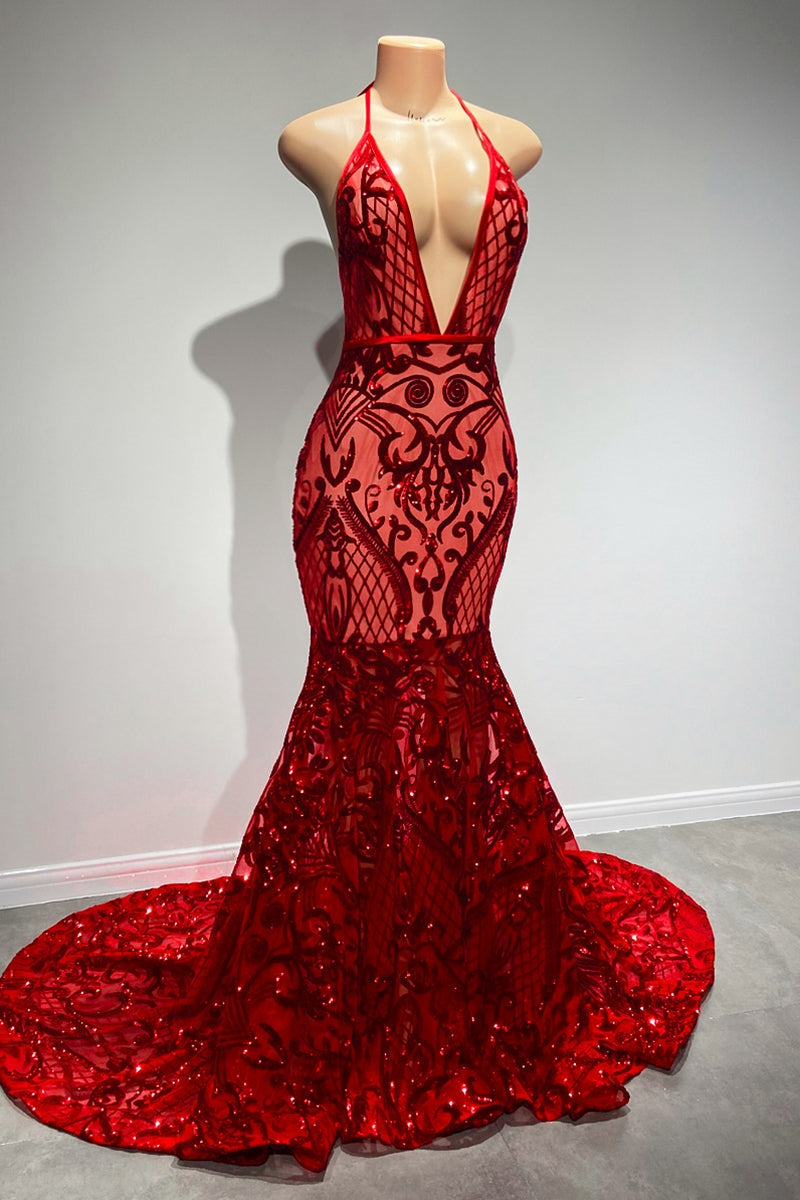 Sexy Langes Rotes Neckholder Rückenfreies V-Ausschnitt Spitze Ärmelloses Meerjungfrau Ballkleid