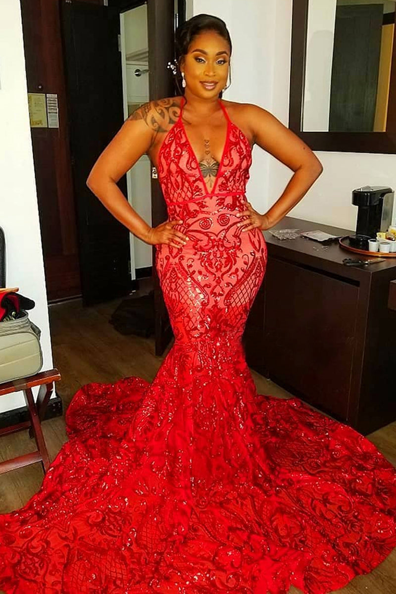 Sexy Langes Rotes Neckholder Rückenfreies V-Ausschnitt Spitze Ärmelloses Meerjungfrau Ballkleid