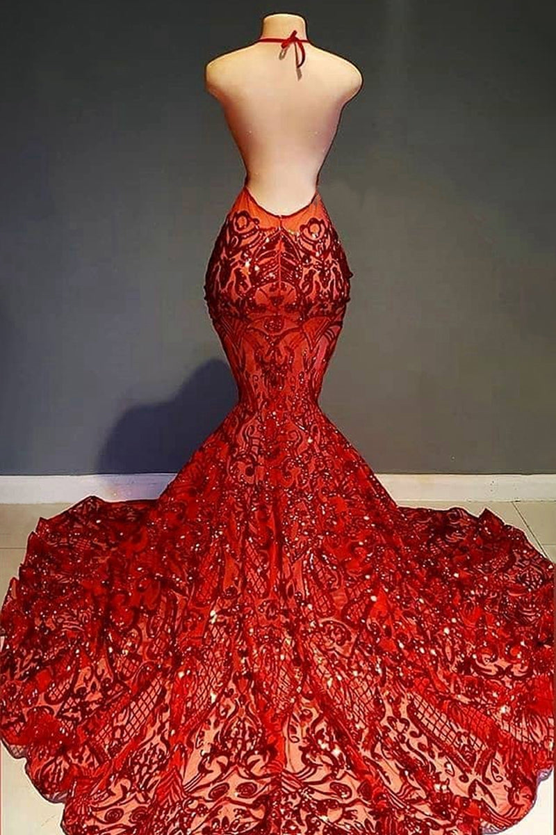 Sexy Langes Rotes Neckholder Rückenfreies V-Ausschnitt Spitze Ärmelloses Meerjungfrau Ballkleid