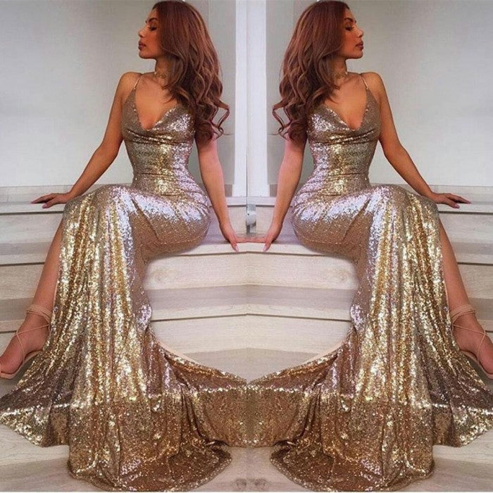 Sexy langes Meerjungfrau-Ballkleid mit V-Ausschnitt, offenem Rücken und Pailletten