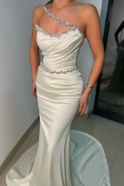 Sexy One-Shoulder Ärmellose Meerjungfrau Lange Weiße Ballkleider