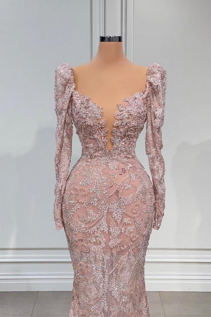 Sexy Rosa V-Ausschnitt Lange Ärmel Spitze Meerjungfrau Ballkleid Abendkleider