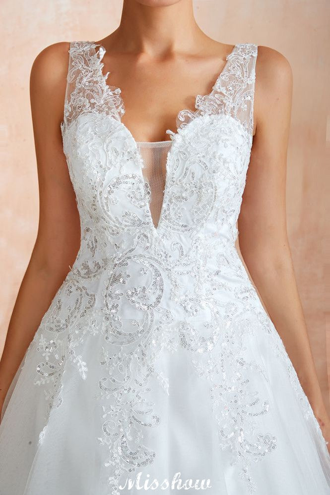 Sexy Pluging V-Ausschnitt Brautkleid Transparente Spitze Aline Brautkleid