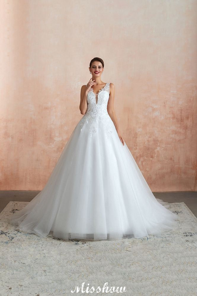 Sexy Pluging V-Ausschnitt Brautkleid Transparente Spitze Aline Brautkleid