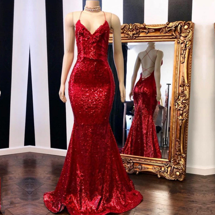 Vestidos de noche de sirena con tirantes finos y lentejuelas rojas sexys