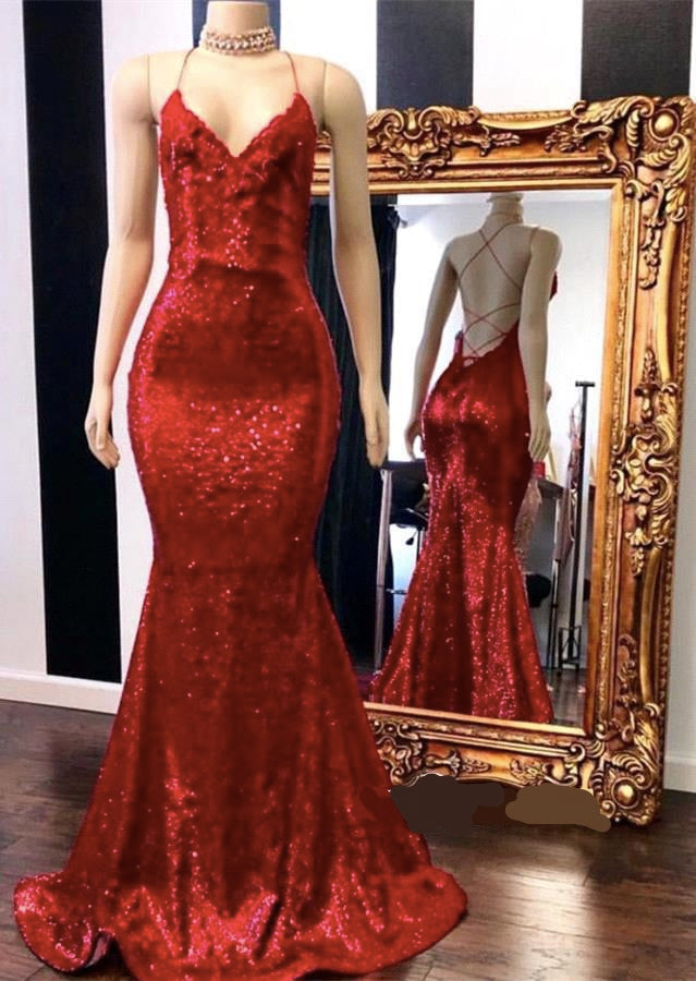 Vestidos de noche de sirena con tirantes finos y lentejuelas rojas sexys