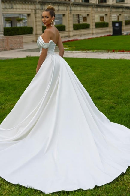 Sexy Satin A-line Off-the-shoulder Sleeveless Sequined Wedding Dress With Slit