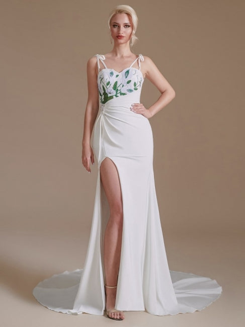 Sexy Spaghettiträger Ärmellose Meerjungfrau Bodenlange Satin Brautkleider