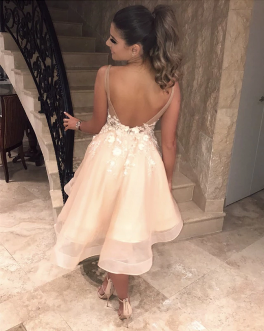 Sexy Spaghetti Straps V Neck Homecoming Dress | Chic Appliques Flowers Short Homecoming Dress