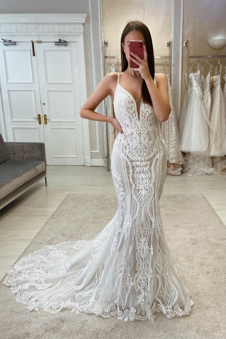 Sexy V-Ausschnitt Spaghettiträger Spitze Ärmelloses Brautkleid