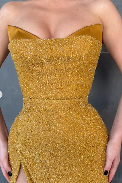 Sexy gelbes ärmelloses Meerjungfrau-Ballkleid mit Seitenschlitz